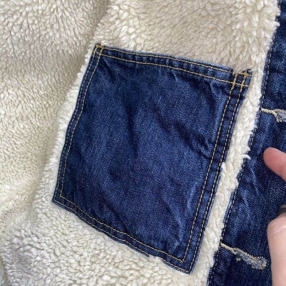 Levis Denim Sherpa Trucker Ex Boyfriend Jean Jacket Blue Wash Sz Small Women - Picture 5 of 5